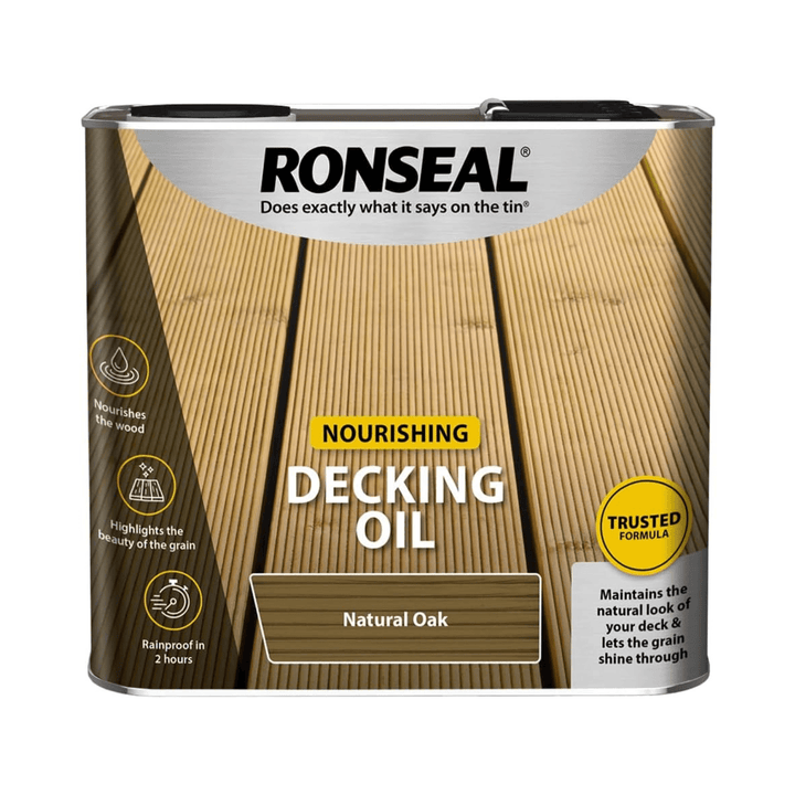 Ronseal Nourishing Decking Oil can with wooden background in natural oak colour