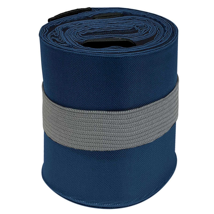 Roll of blue fabric duffle bag with a grey band on a white background