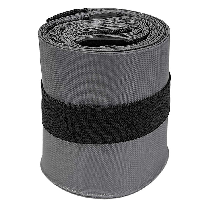 Roll of grey duffle bag with a black elastic band on a white background
