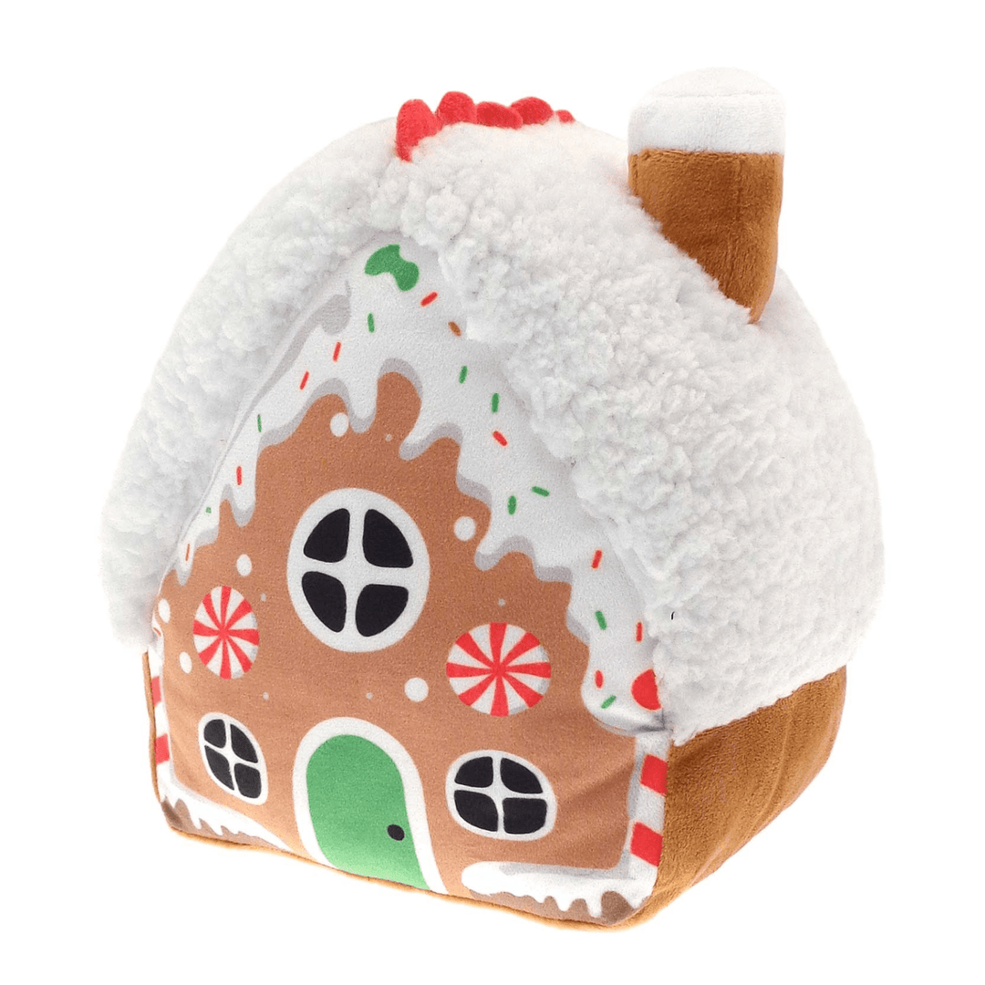 gingerbread house door stop with plush roof and colourful house design to the front on a white background