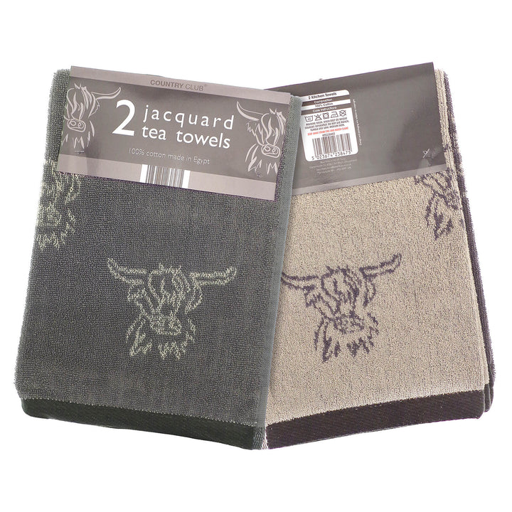 Pack of 2 jacquard tea towels with Highland Cow reversible charcoal grey pattern
