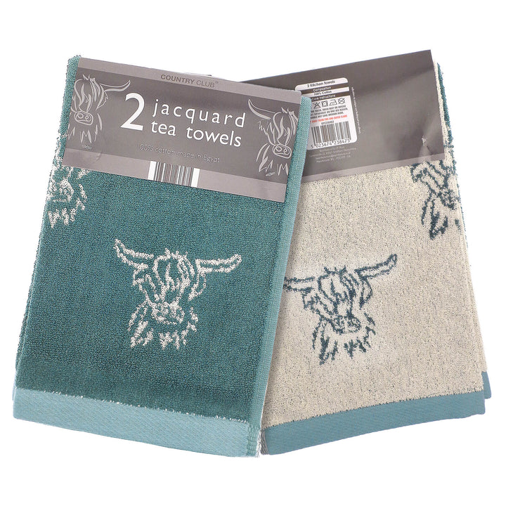 Pack of 2 jacquard tea towels with Highland Cow reversible green pattern