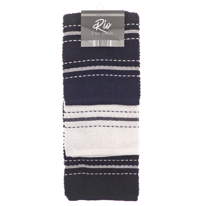 Pack of 3 black and white striped Rio kitchen tea towels