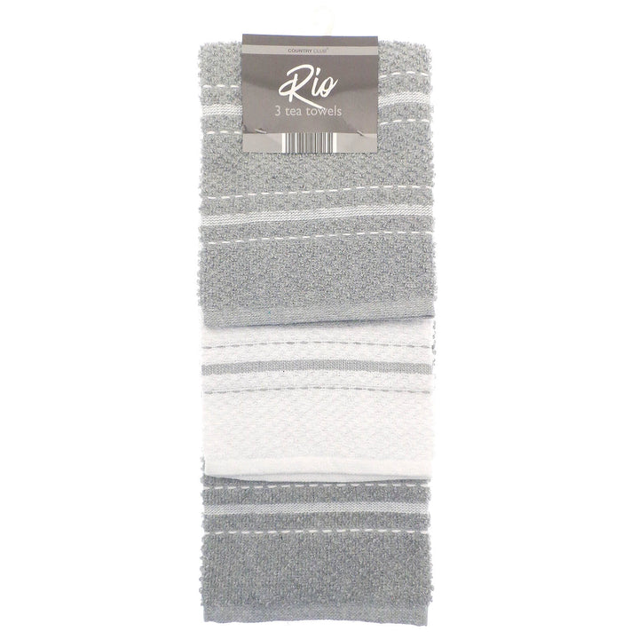 Pack of 3 grey and white striped Rio kitchen tea towels