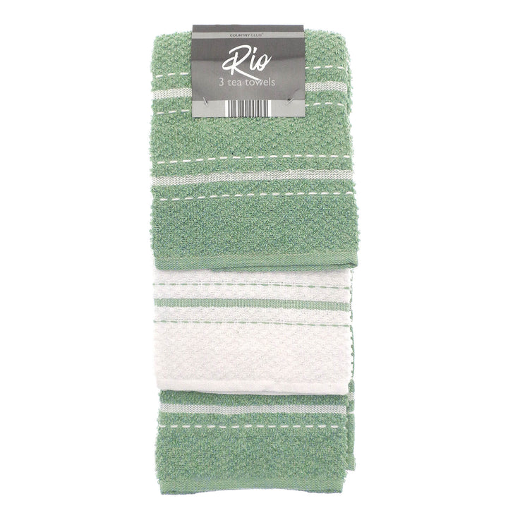 Pack of 3 green and white striped Rio kitchen tea towels
