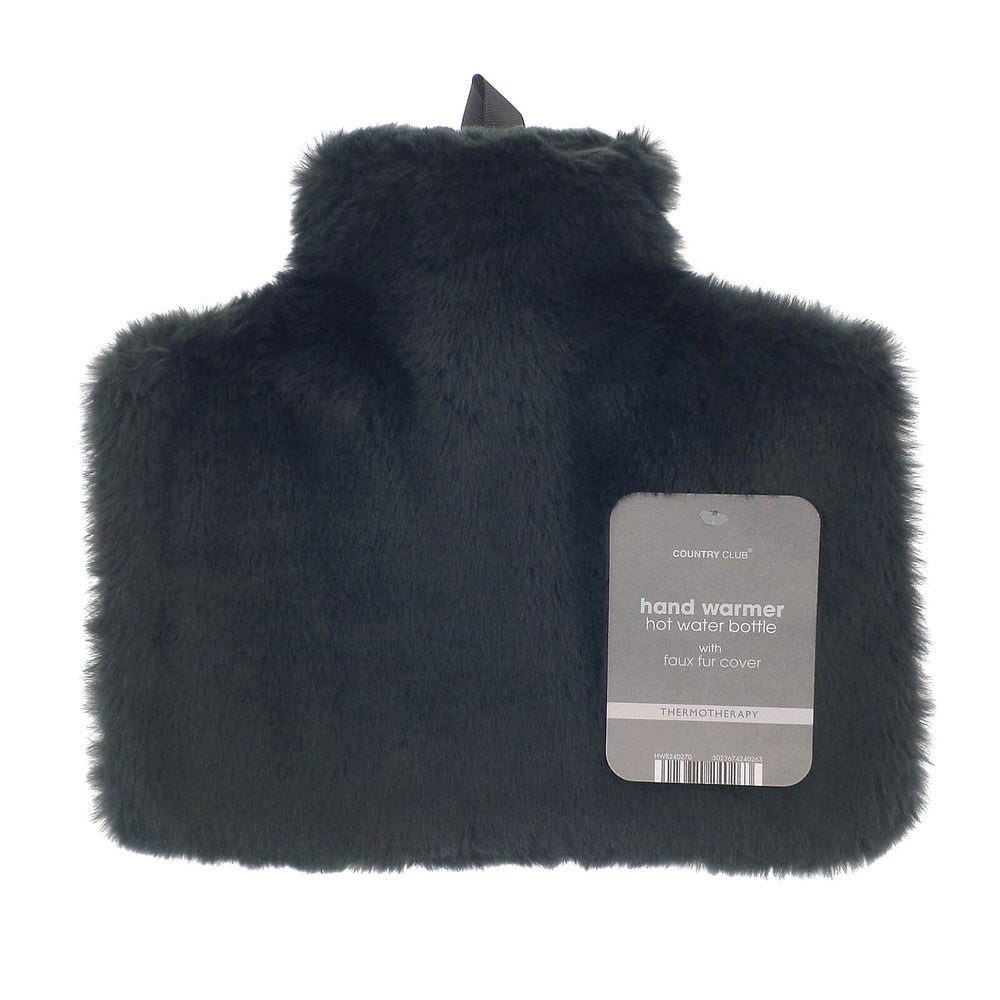Dark grey fur covered hot water bottle with hand warmer