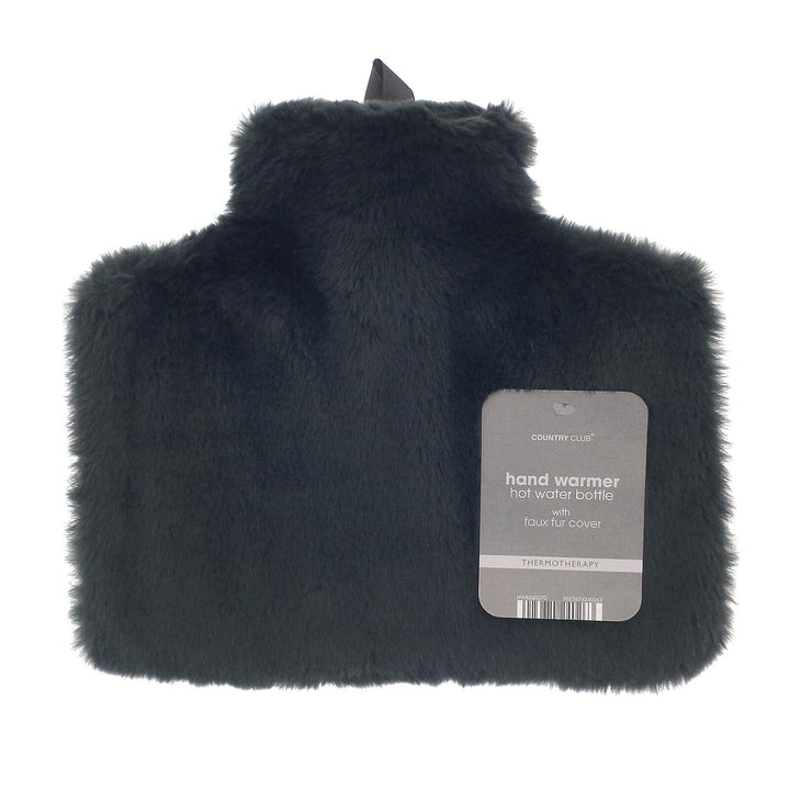 Dark grey fur covered hot water bottle with hand warmer