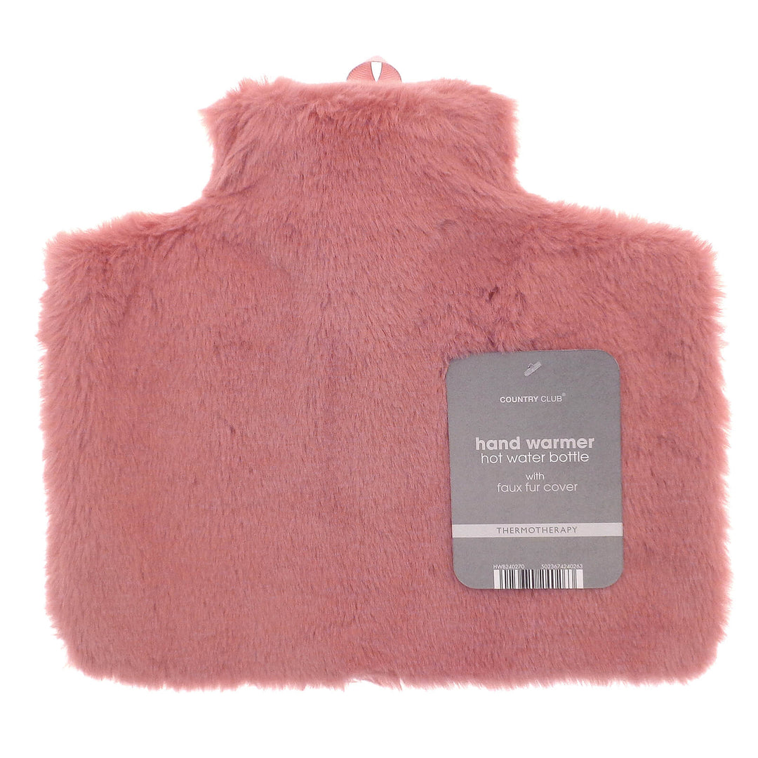 pink fury cover hot water bottle with hand warmer pocket