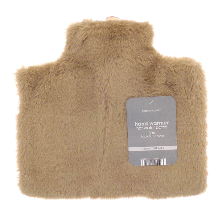 Beige fur covered hot water bottle with hand warmer pocket