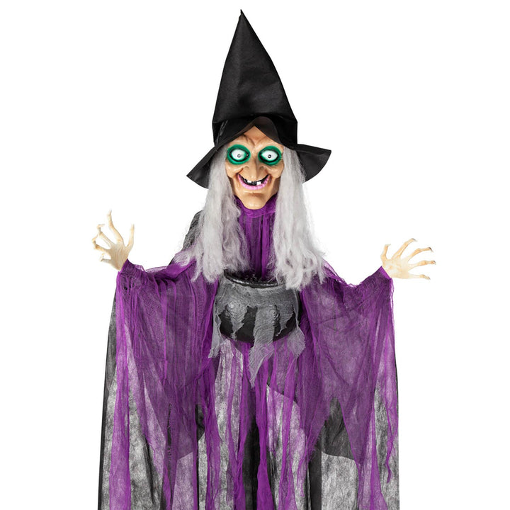 Close up of a Halloween witch figure with green eyes and purple cloak