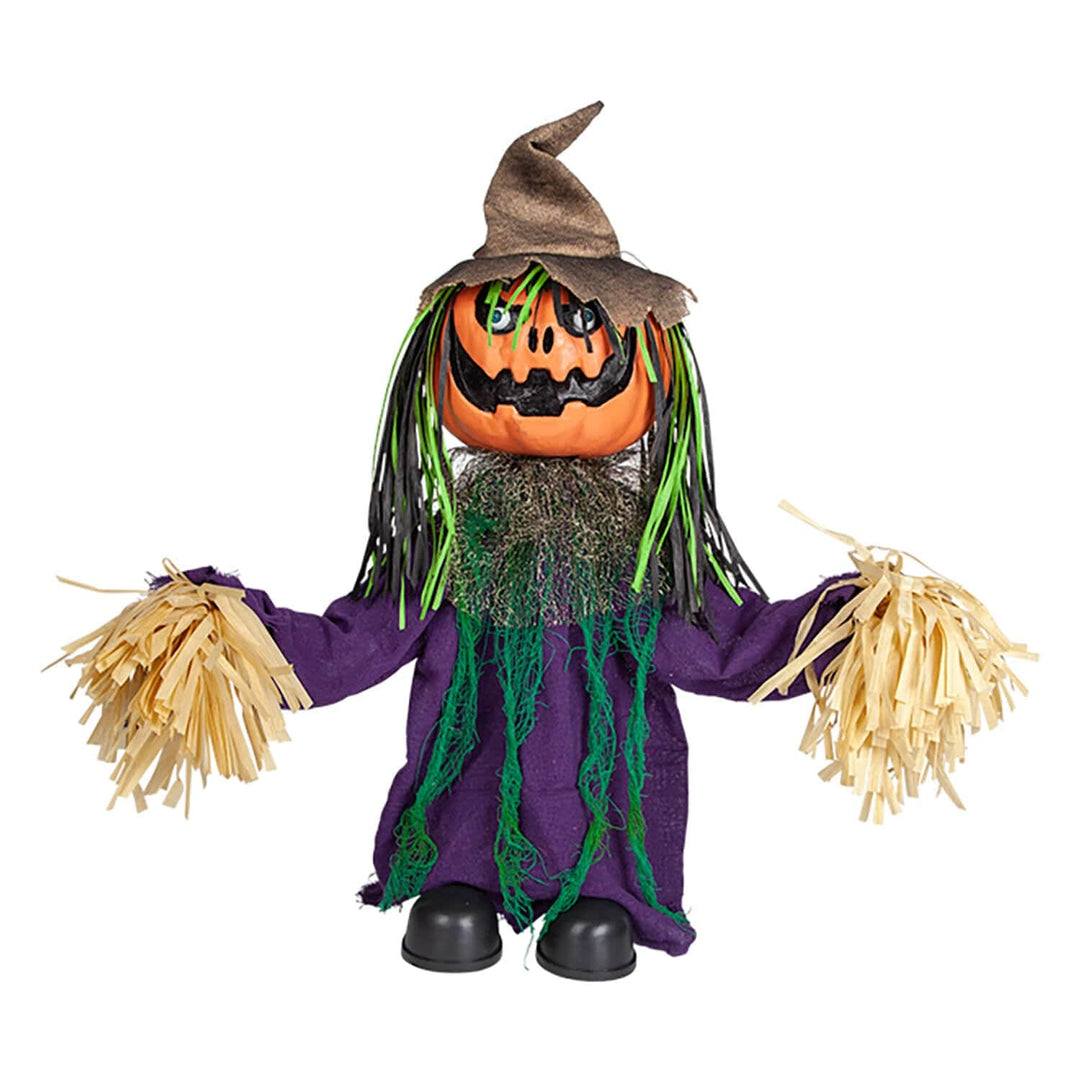 pumpkin scarecrow Halloween figure decoration with pointed hat and purple robe