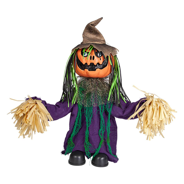 pumpkin scarecrow Halloween figure decoration with pointed hat and purple robe