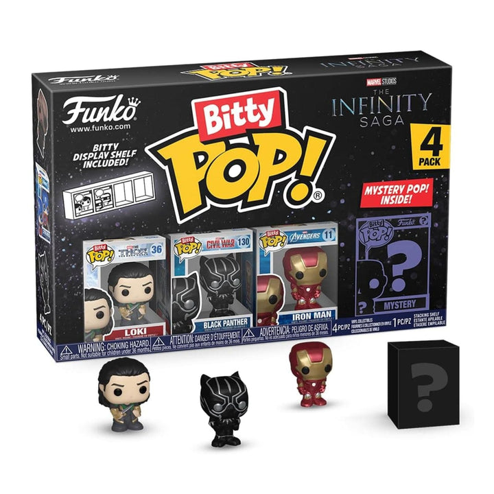 Funko Bitty Pop! Infinity Saga 4-pack with figures and packaging on a white background