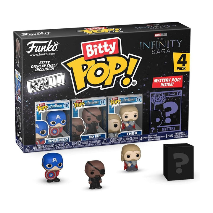 Funko Bitty Pop! Infinity Saga 4-pack with figures and packaging on a white background