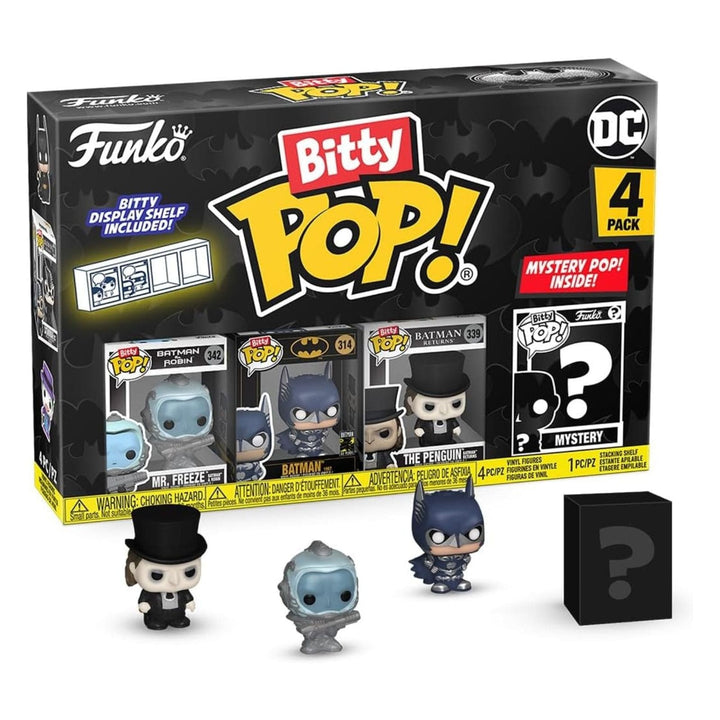Funko Bitty Pop!  DC Batman 4-pack packaging with figures and display shelf on a white background