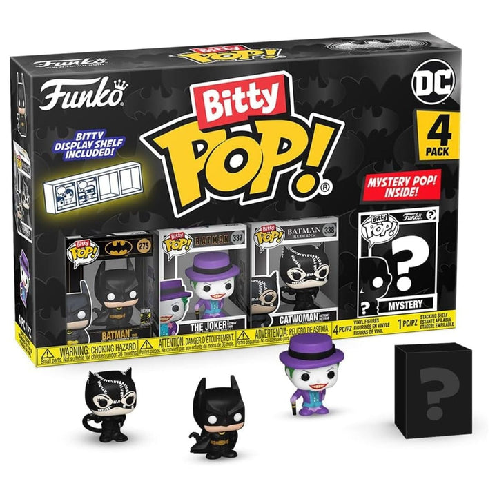 Funko Bitty Pop! DC Batman packaging with four figures and a mystery figure included.