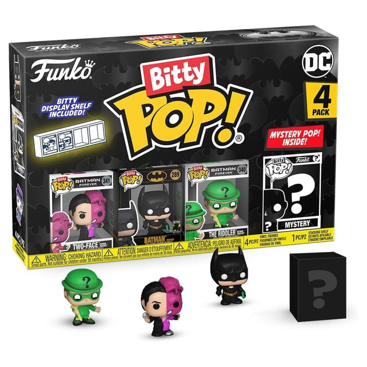 Funko Bitty Pop! 4-pack with Batman and The Riddler figures and mystery pop included, displayed against a white background.