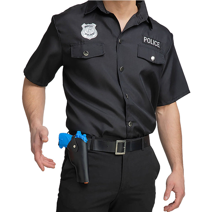 Person wearing a police uniform wit blue toy gun and holster fancy dress