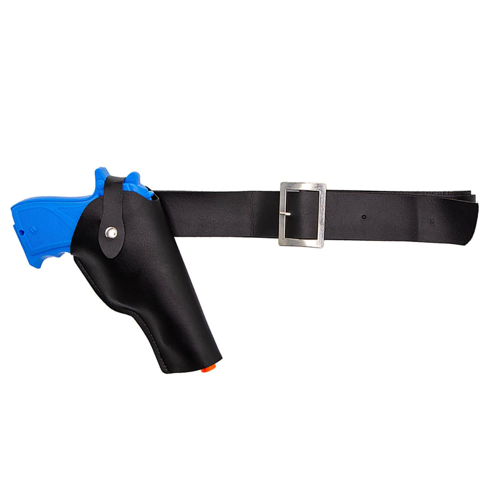 Blue toy gun in a black holster on belt
