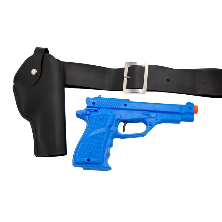 Blue plastic police gun with black holster and belt