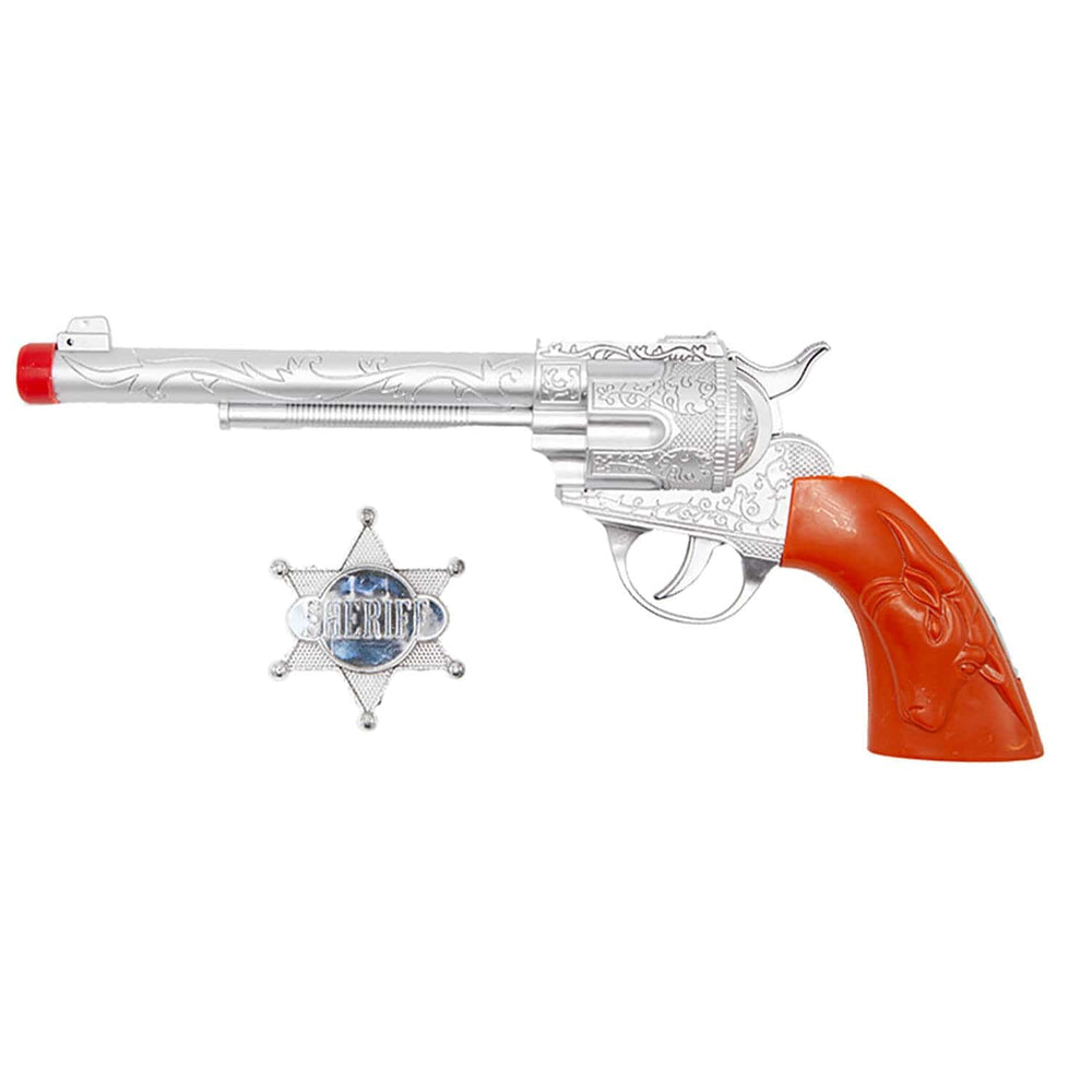 Toy cowboy gun and sheriff star badge