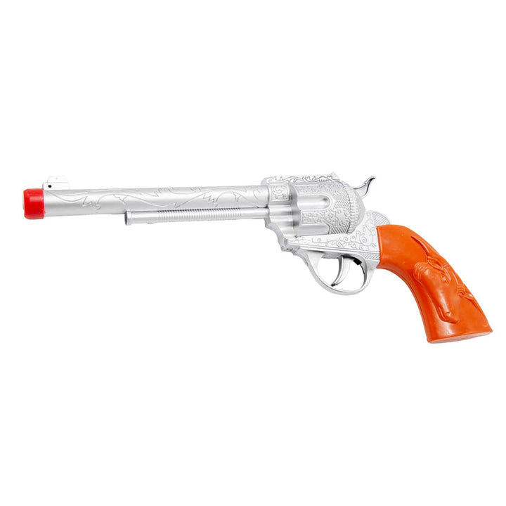 Toy cowboy gun with silver decorated barrell and brown plastic handle