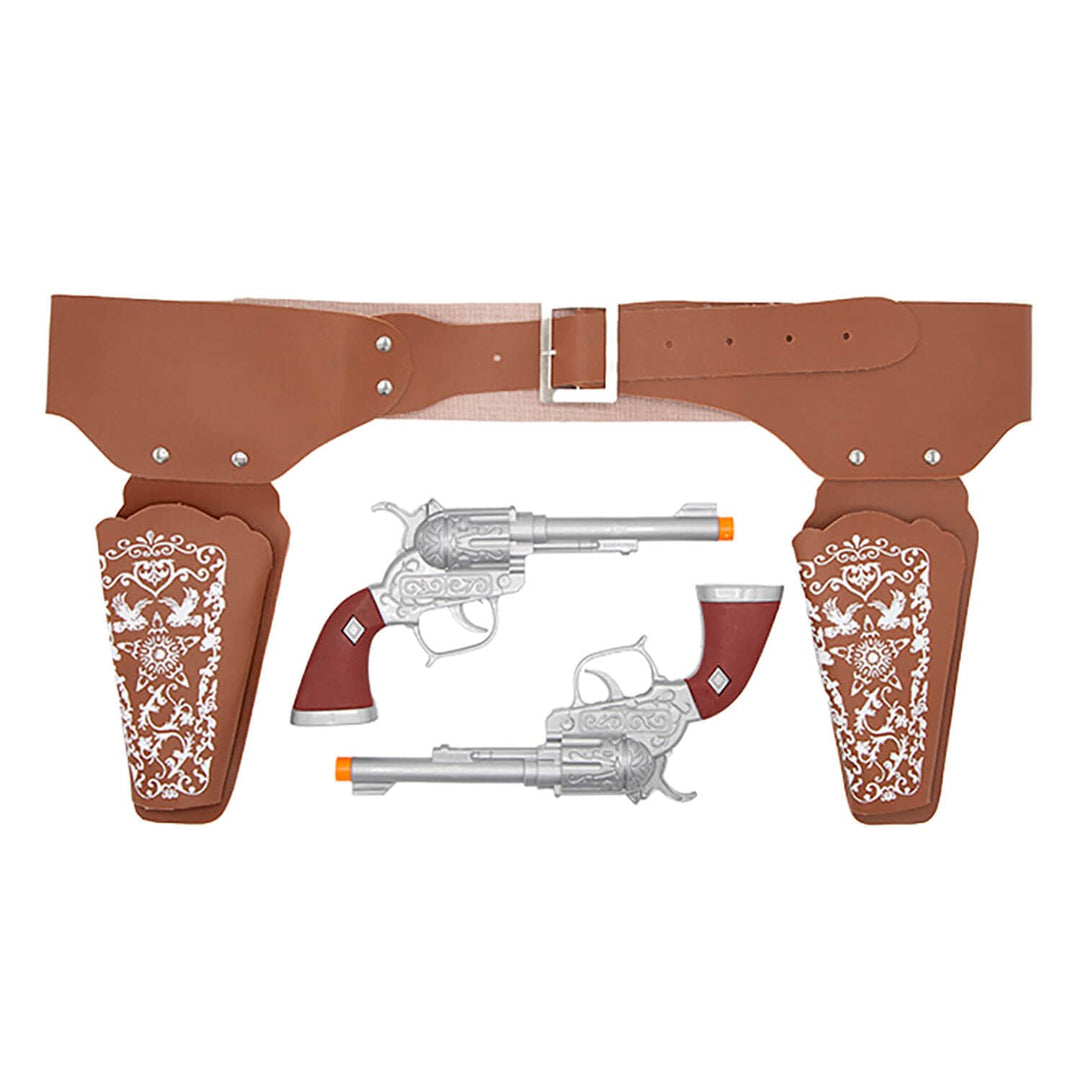 Cowboy guns prop with brown belt and twin holsters