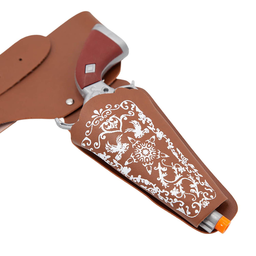 Close up of white star and eagles detailing on a brown gun holster