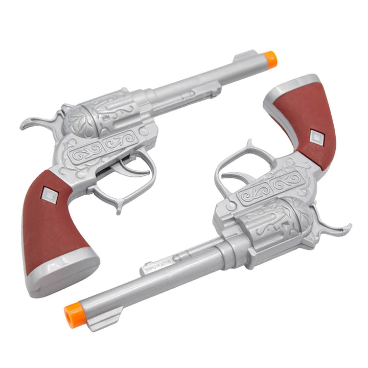 set of 2 toy cowboy guns in silver with brown handles
