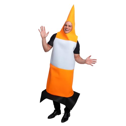 Man wearing a funny orange and white traffic cone  fancy dress costume