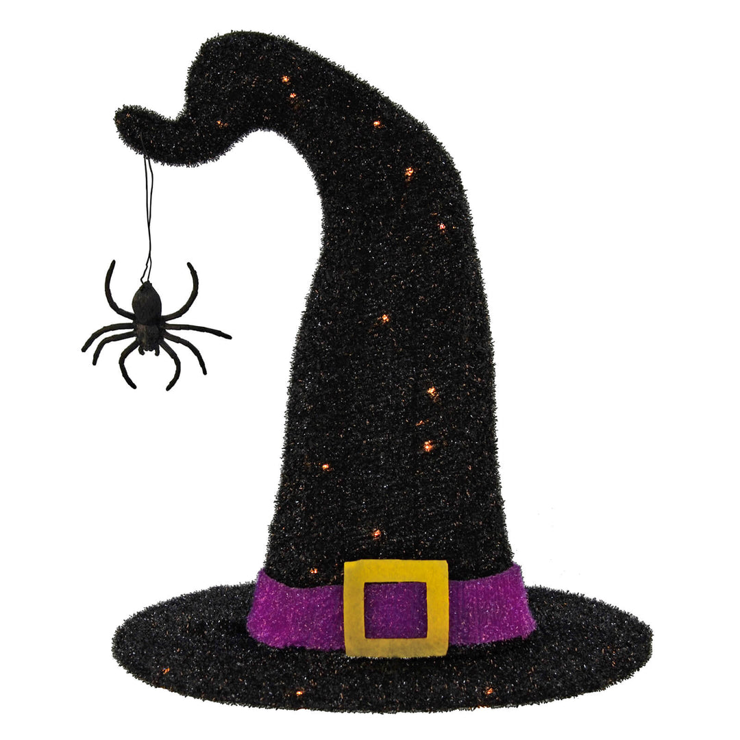 Light up witches hat with spider hanging from a crooked top
