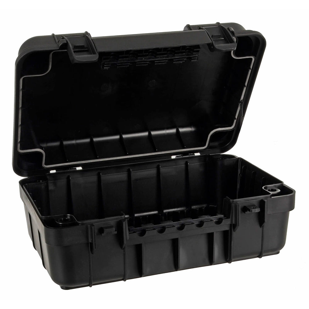 Black electrical enclosure box with cover open