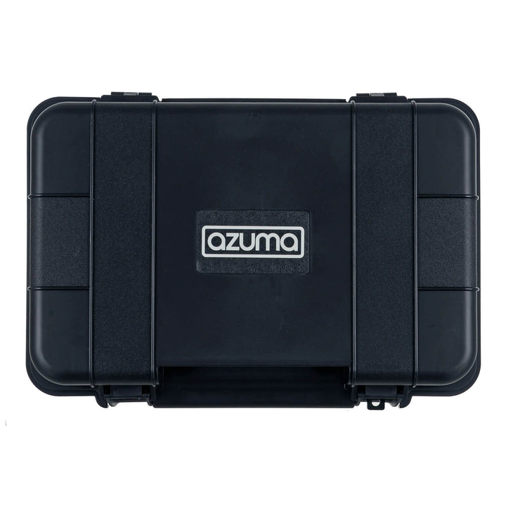 Top view of a black weatherproof electrical box for outdoor lights