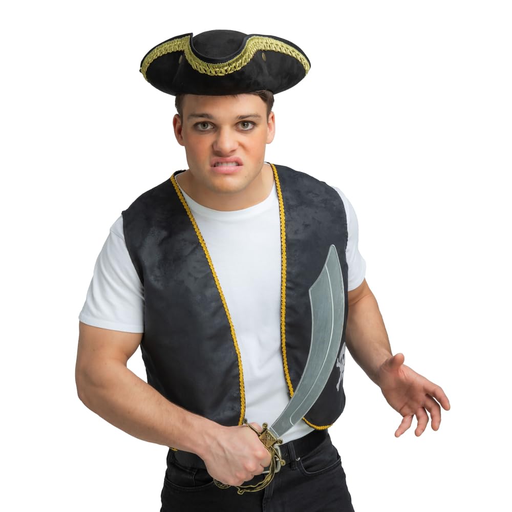 Man wearing a pirate hat and waistcoat and holding a cutlass sword