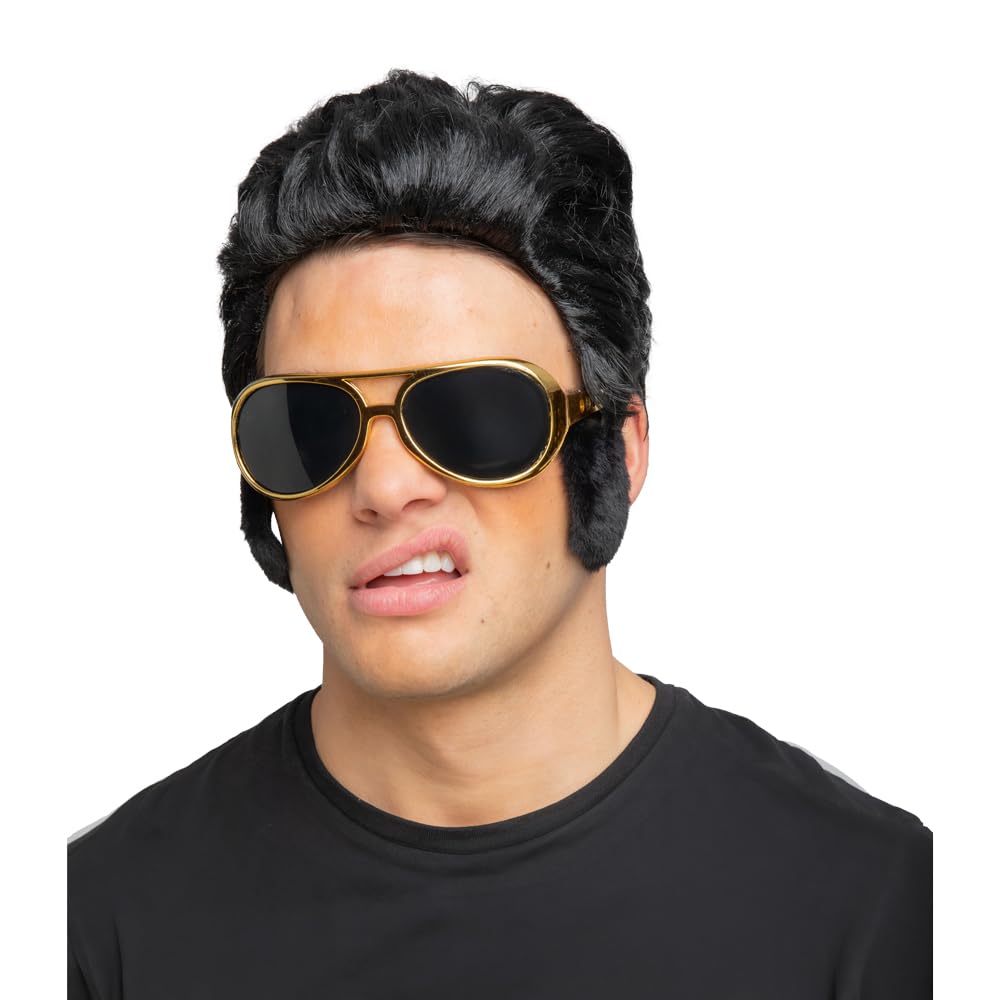 Man wearing a pair of gold rimmed sunglasses and rocker wig to look like Elvis Presley
