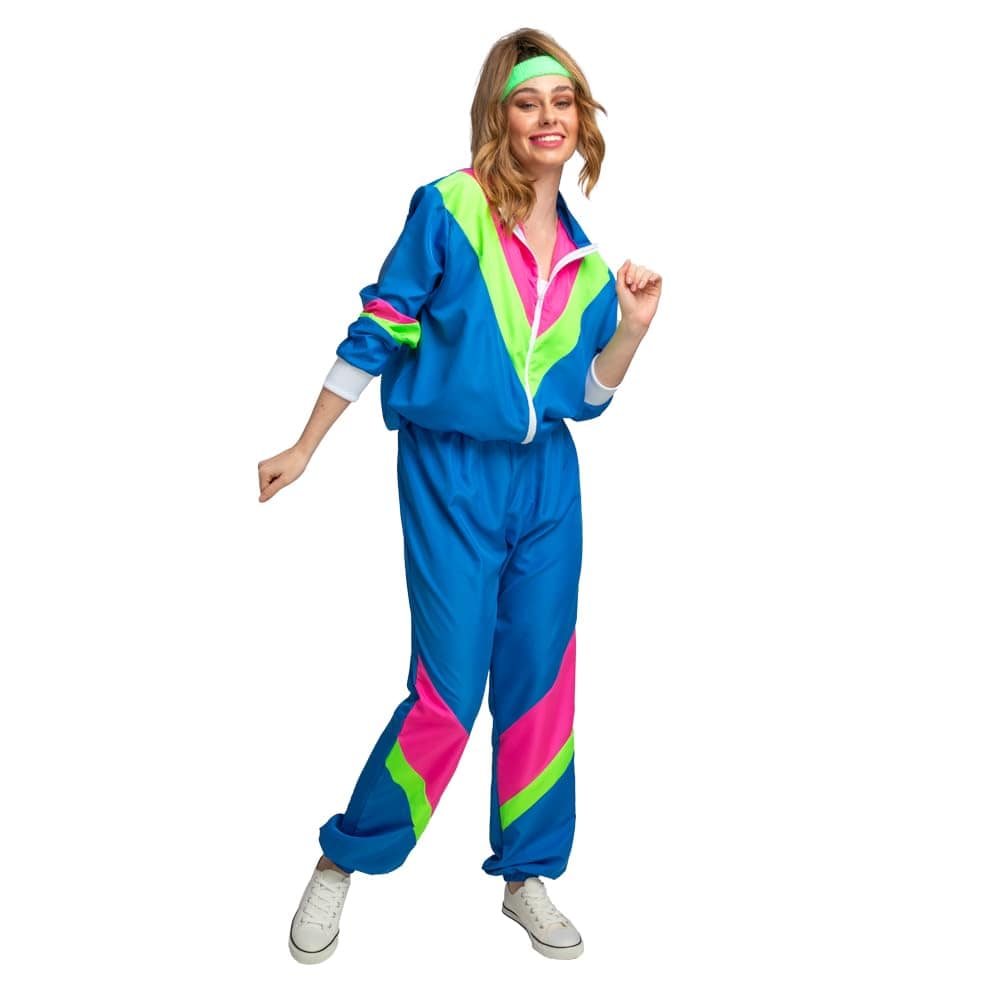 Woman wearing a colourful 1980s-inspired blue shell suit on a white background