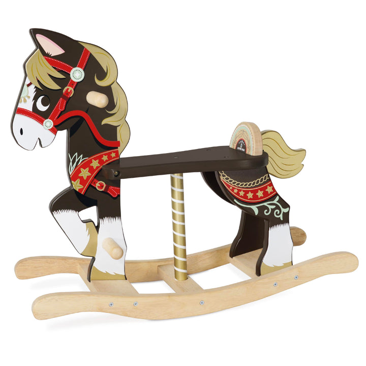 Wooden rocking horse with decorative gold, red and black features on a white background