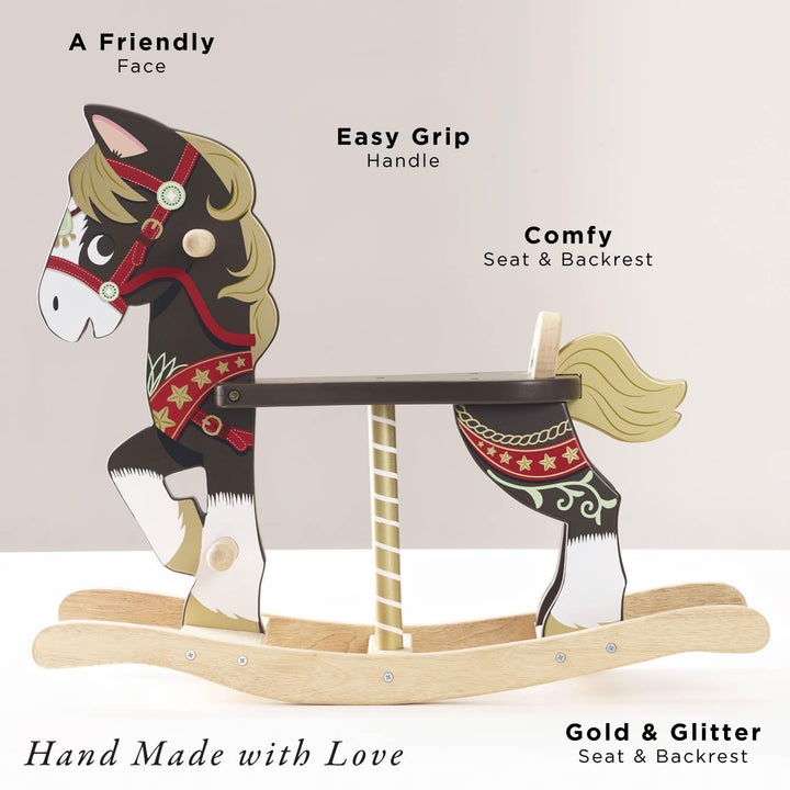 Wooden rocking horse with product features highlighted on a light background