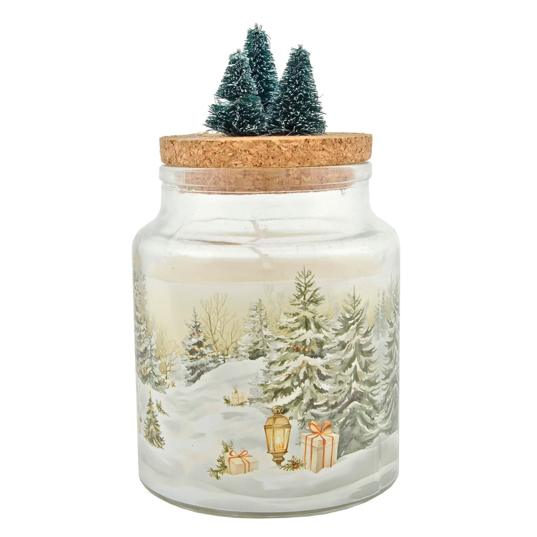Christmas candle jar with winter scene design and cork lid with 3 trees