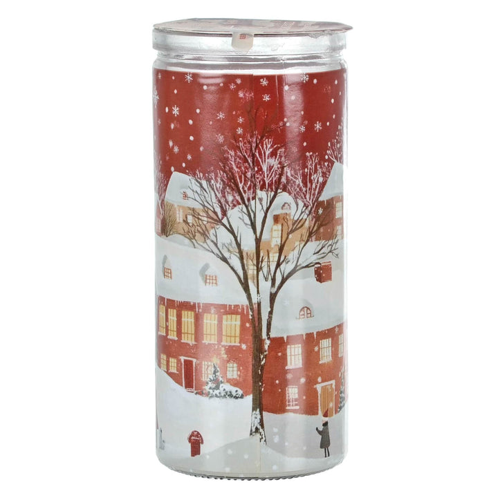 Candle with a winter scene design on a white background
