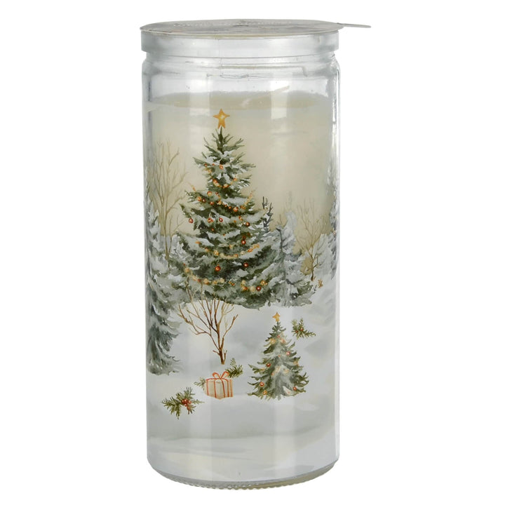 Clear candle holder with Christmas tree and gift design on a white background