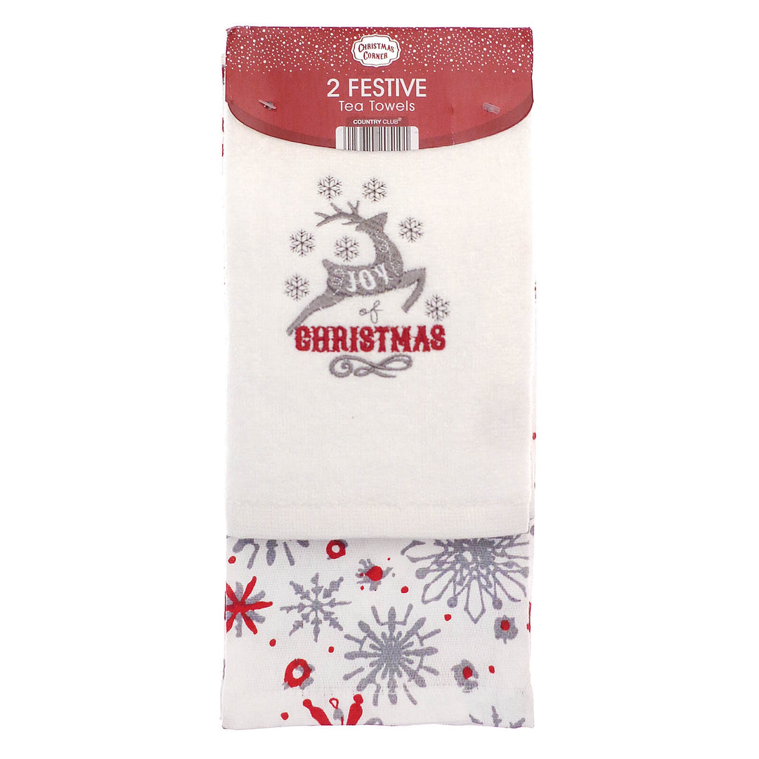Pack of two festive tea towels with Christmas designs on a white background