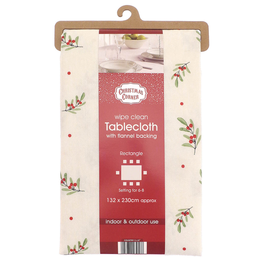 wipe clean Christmas tablecloth with red berries pattern