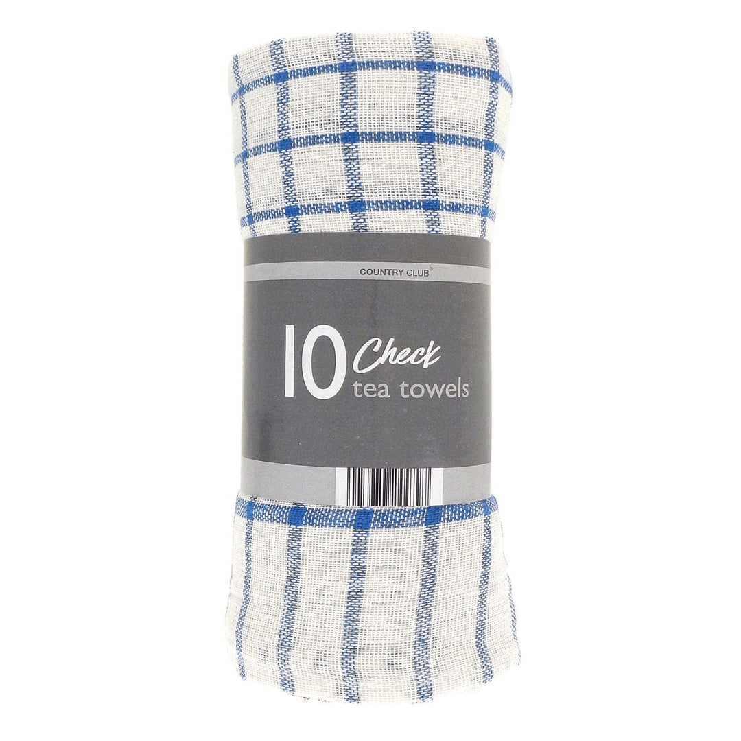 Pack of 10 checkered tea towels with a blue and white pattern on a white background.