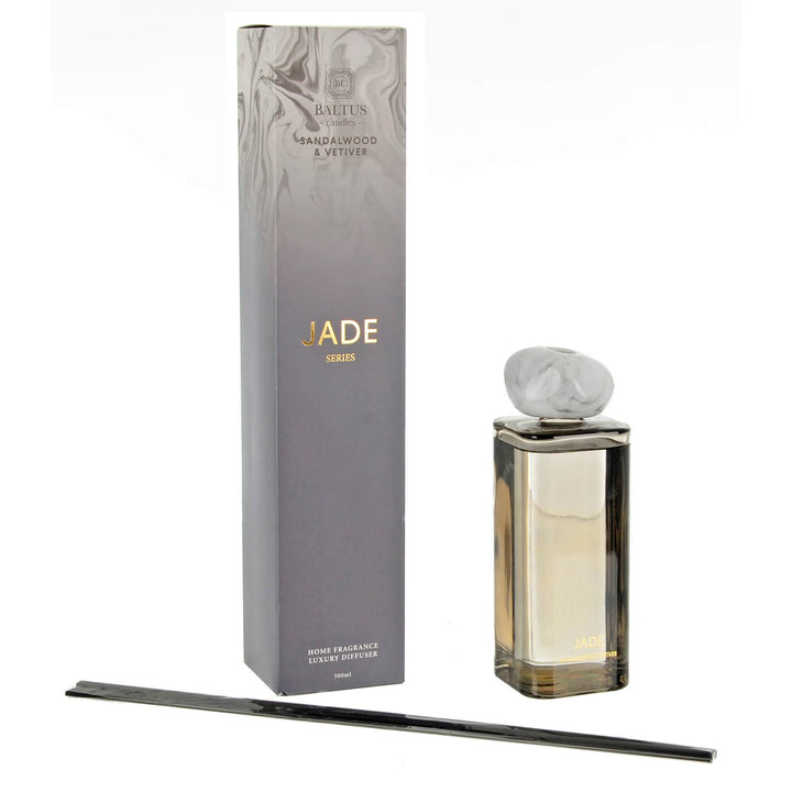 Baltus Jade series Sandalwood & Vetiver reed diffuser with smoked grey  glass bottle and marble stone effect stopper