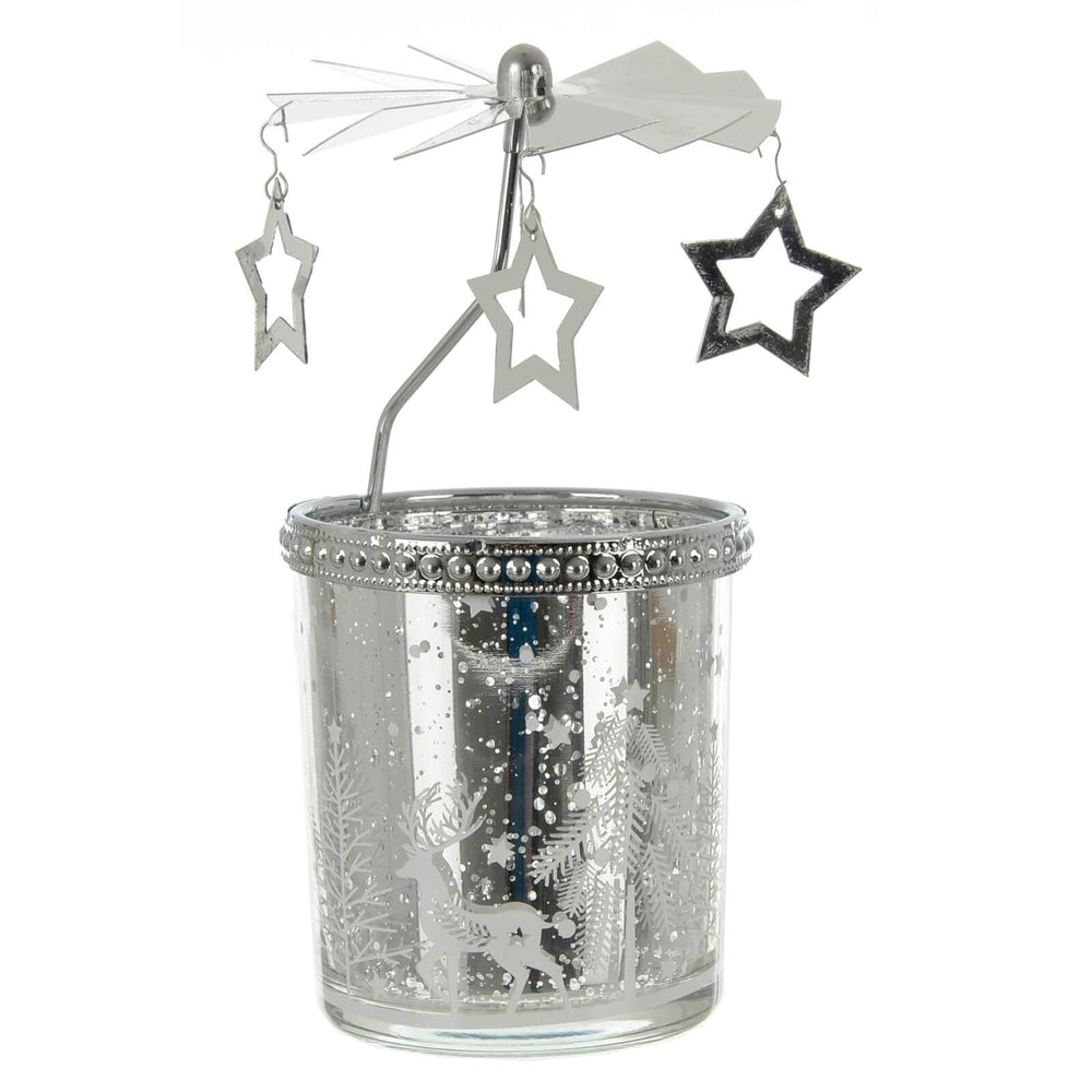 Decorative silver carousel candle holder with star-shaped hanging decorations on a white background