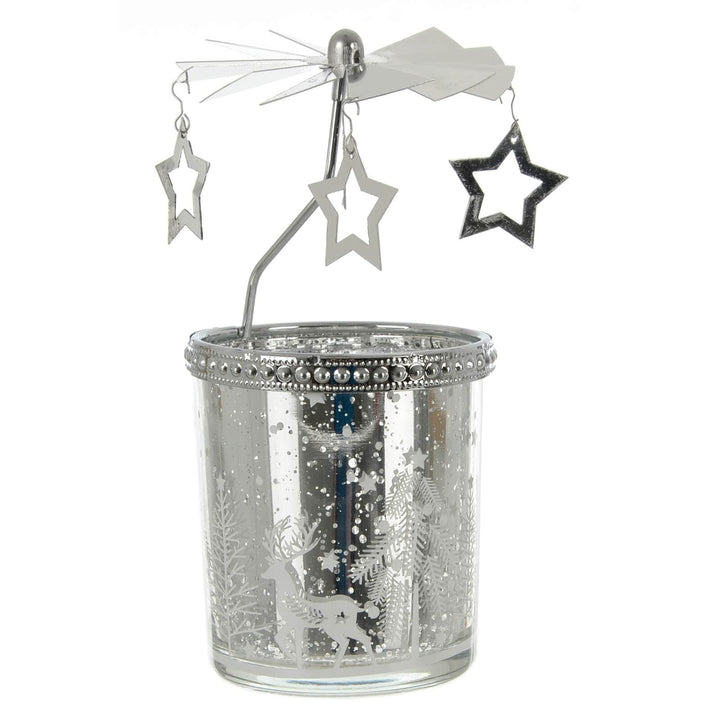 Decorative silver carousel candle holder with star-shaped hanging decorations on a white background