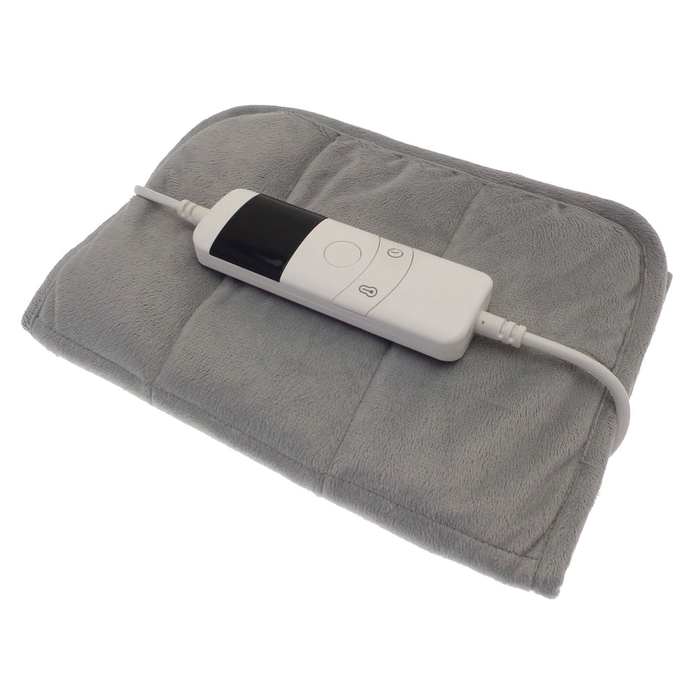 Grey quilted heat pad with controller on a white background
