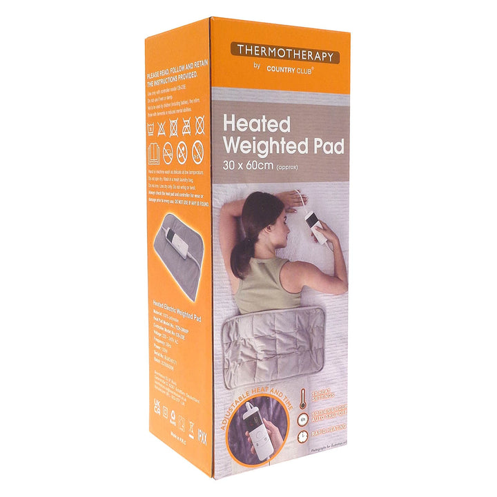 Packaging for a heated weighted pad with adjustable heat and time