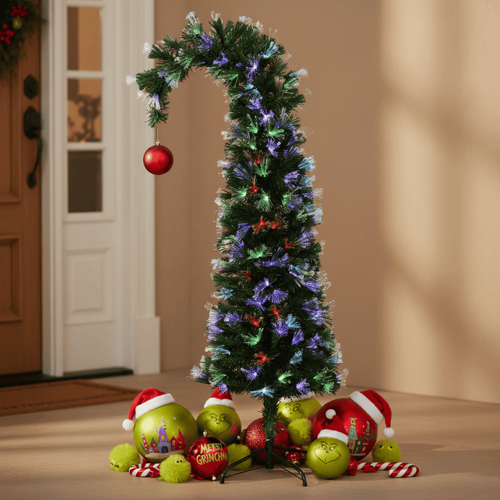 Decorative Christmas tree with colorful lights and ornaments on a wooden floor.